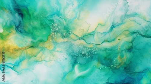 An abstract painting featuring shades of blue, green, and yellow. Generative ai