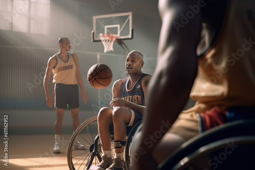 Illustration of men with disabilities playing basketball in wheelchairs created with Generative AI technology