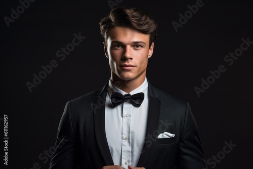Medium shot portrait photography of a satisfied boy in his 20s making a formal greeting gesture with a bow against a dark grey background. With generative AI technology