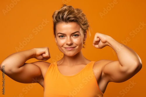 Medium shot portrait photography of a glad girl in her 30s making a i'm strong gesture showing muscles against a tangerine orange background. With generative AI technology