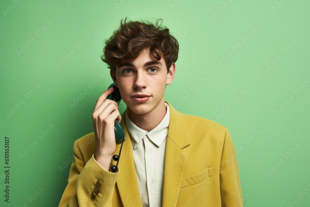Conceptual portrait photography of a glad boy in his 20s making a telephone call gesture with the hand against a pastel green background. With generative AI technology Conceptual portrait photography of a glad boy in his 20s making a telephone call gesture with the hand against a pastel green background. With generative AI technology