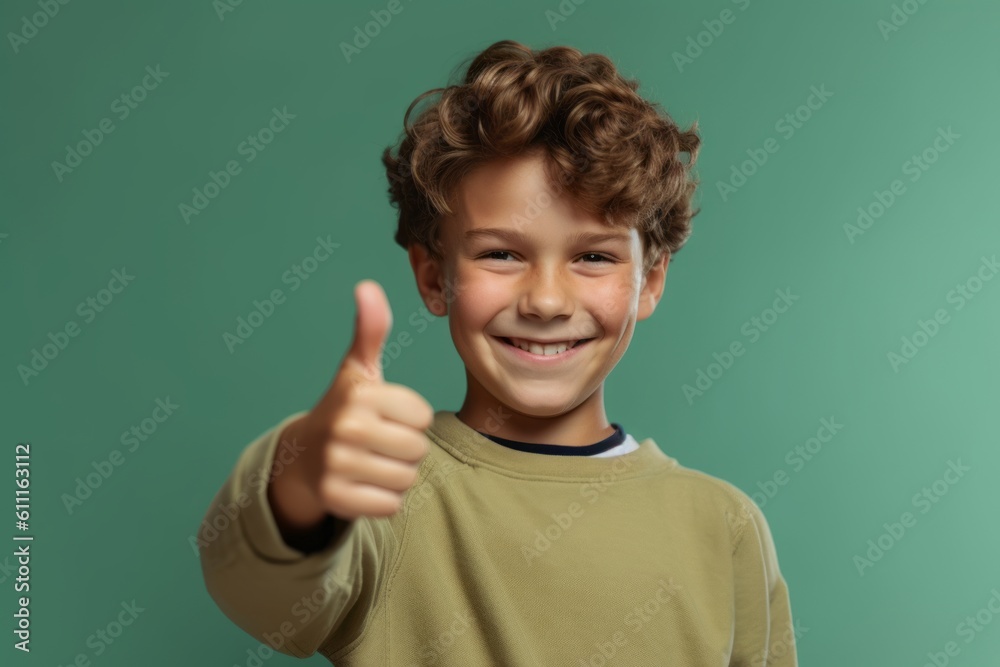 Medium shot portrait photography of a glad boy in his 20s raising both thumbs up against a pastel green background. With generative AI technology Medium shot portrait photography of a glad boy in his 20s raising both thumbs up against a pastel green background. With generative AI technology