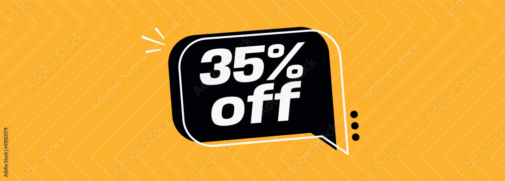 35% off. Banner with special sale five percent off black speech bubble and yellow background. - obrazy, fototapety, plakaty 