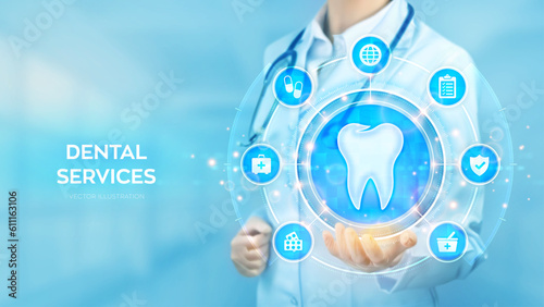 Dental servises. Dentistry concept. Dental insurance. Dental care, taking care of teeth. Doctor holding in hand tooth icon and medicine icons network connection on virtual screen. Vector illustration.