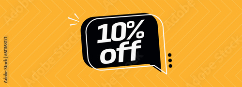 10% off. Banner with special sale five percent off black speech bubble and yellow background.