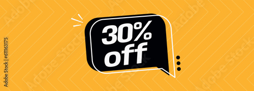 30% off. Banner with special sale five percent off black speech bubble and yellow background.