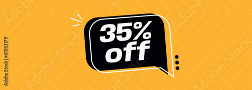 35% off. Banner with special sale five percent off black speech bubble and yellow background.