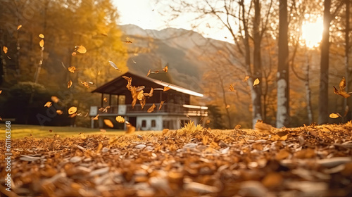 Flying fall leaves on autumn forest background and house, golden hour, copy space Generative AI