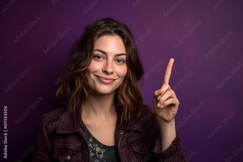 Close-up portrait photography of a satisfied girl in her 30s making an ok gesture with the fingers against a deep purple background. With generative AI technology