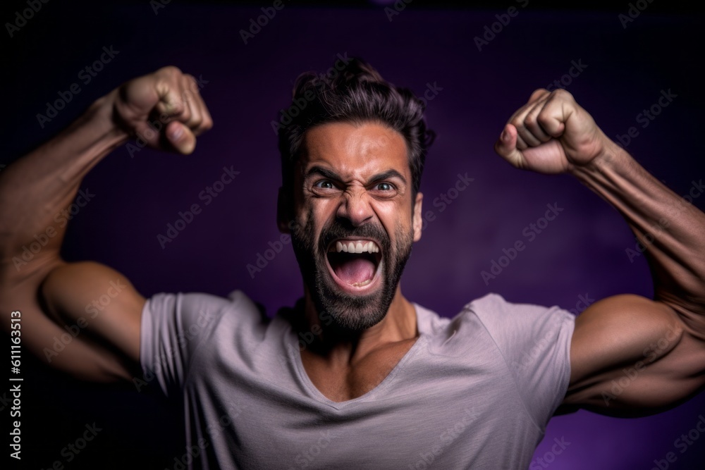 Close-up portrait photography of a satisfied boy in his 30s making a i'm strong gesture showing muscles against a deep purple background. With generative AI technology Close-up portrait photography of a satisfied boy in his 30s making a i'm strong gesture showing muscles against a deep purple background. With generative AI technology