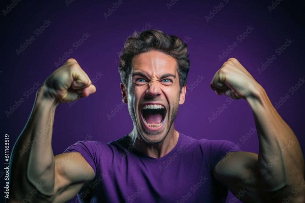 Fototapeta premium Close-up portrait photography of a satisfied boy in his 30s making a i'm strong gesture showing muscles against a deep purple background. With generative AI technology