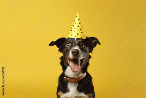 Dog wearing a party celebration hat on yellow background. Generative AI. photo