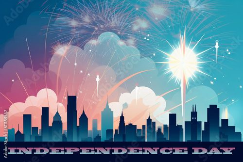 Independence Day 4th July USA abstract celebration image with fireworks lighting the highrise sityscape below generative AI illustration