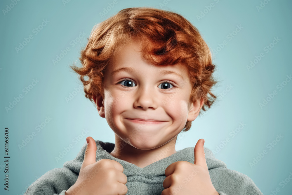 Small ginger red hair boy with freckles, smiling, showing approving thumbs up. He looks cute and innocent, but is probably naughty rascal. Generative AI Small ginger red hair boy with freckles, smiling, showing approving thumbs up. He looks cute and innocent, but is probably naughty rascal. Generative AI