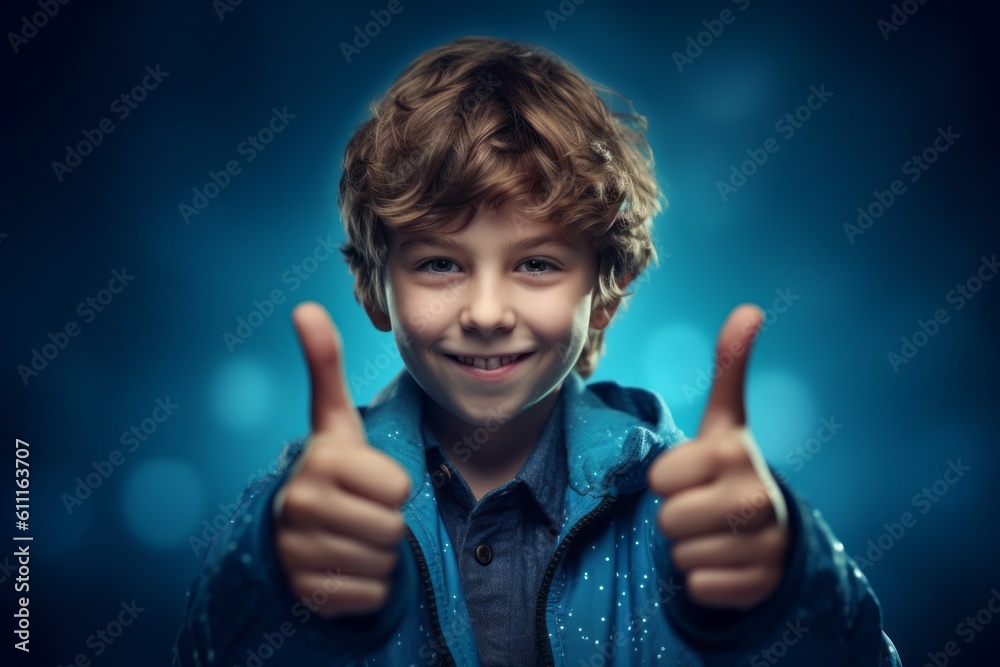 Medium shot portrait photography of a grinning kid male making a peace gesture with two fingers against a deep sea-blue background. With generative AI technology Medium shot portrait photography of a grinning kid male making a peace gesture with two fingers against a deep sea-blue background. With generative AI technology