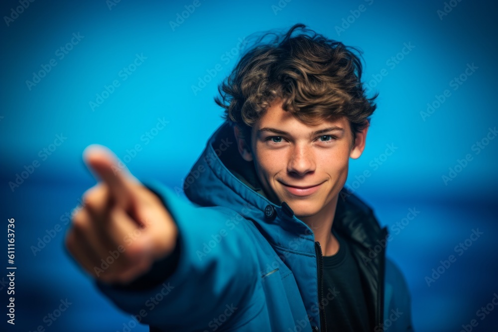 Headshot portrait photography of a satisfied boy in his 20s pointing down against a deep sea-blue background. With generative AI technology Headshot portrait photography of a satisfied boy in his 20s pointing down against a deep sea-blue background. With generative AI technology