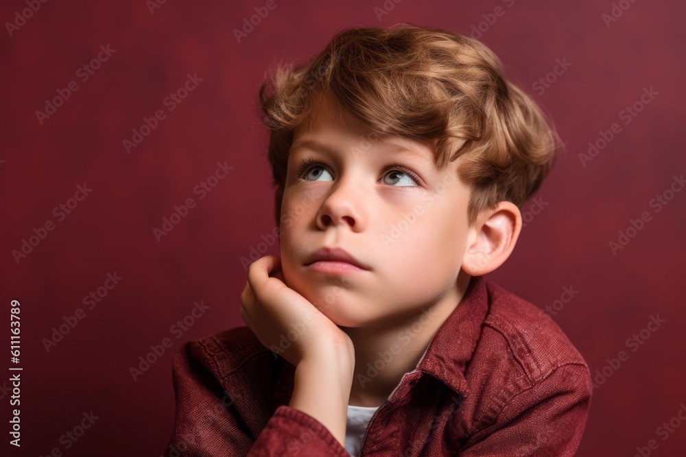 Photography in the style of pensive portraiture of a grinning kid male putting the hand on the chin as if thinking against a burgundy red background. With generative AI technology Photography in the style of pensive portraiture of a grinning kid male putting the hand on the chin as if thinking against a burgundy red background. With generative AI technology