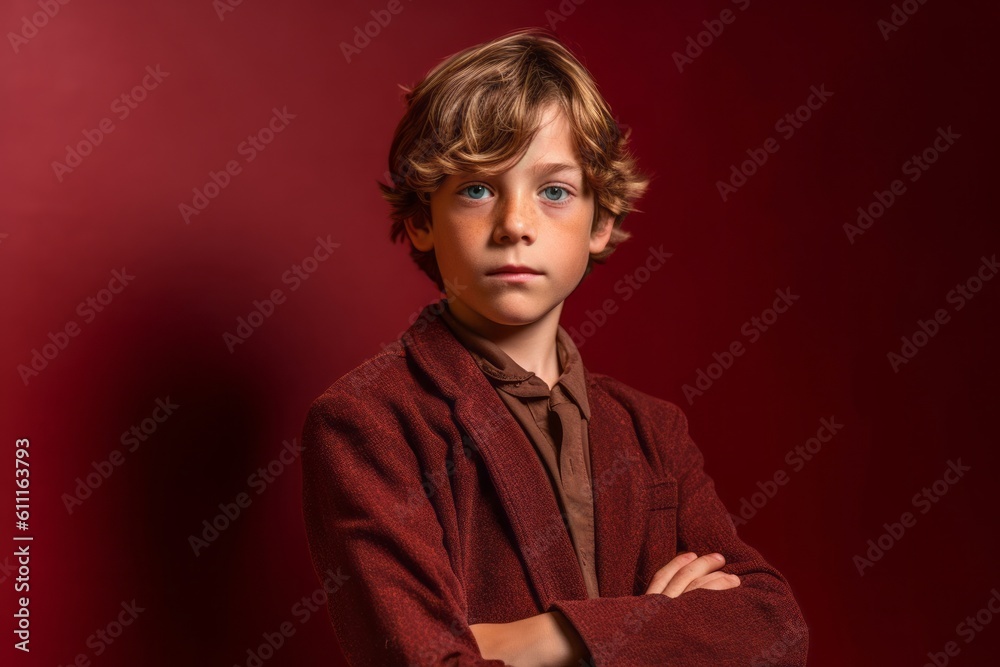 Photography in the style of pensive portraiture of a happy boy in his 30s crossing the arms against a burgundy red background. With generative AI technology Photography in the style of pensive portraiture of a happy boy in his 30s crossing the arms against a burgundy red background. With generative AI technology