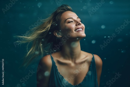 Photography in the style of pensive portraiture of a grinning girl in her 30s posing as if dancing against a deep sea-blue background. With generative AI technology
