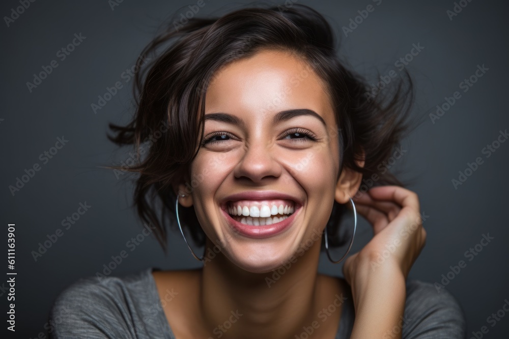 Close-up portrait photography of a grinning girl in her 30s covering one's ears against a metallic silver background. With generative AI technology Close-up portrait photography of a grinning girl in her 30s covering one's ears against a metallic silver background. With generative AI technology
