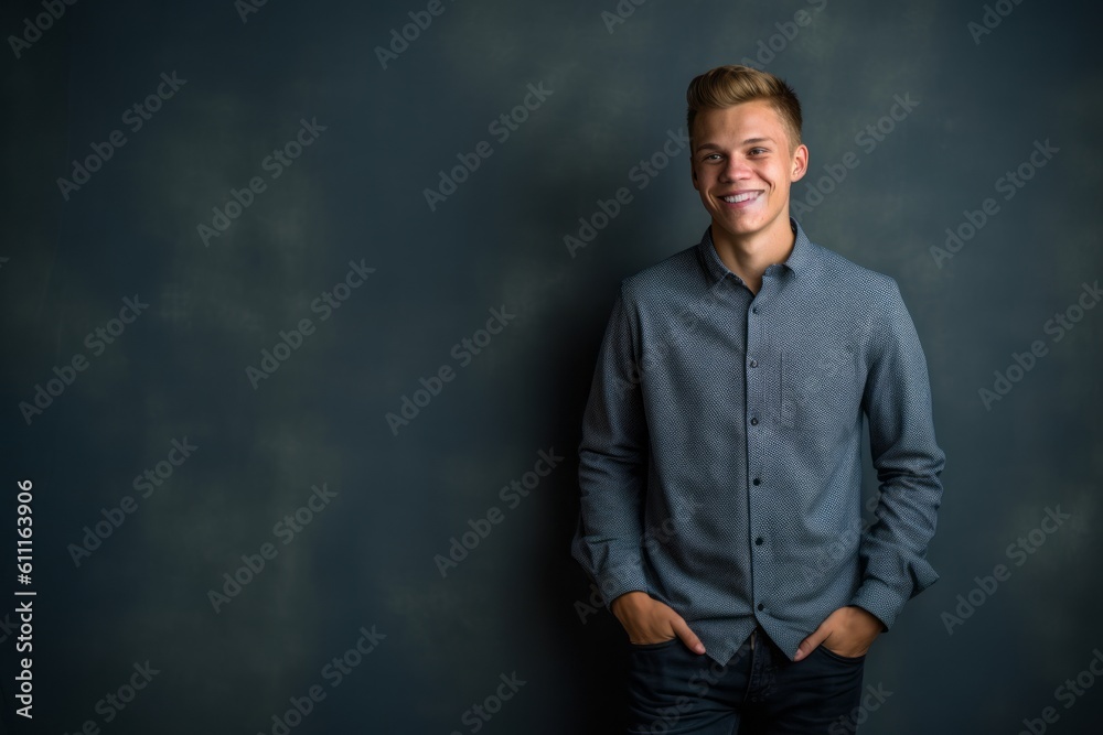 Medium shot portrait photography of a grinning boy in his 30s putting hands on hips against a metallic silver background. With generative AI technology Medium shot portrait photography of a grinning boy in his 30s putting hands on hips against a metallic silver background. With generative AI technology