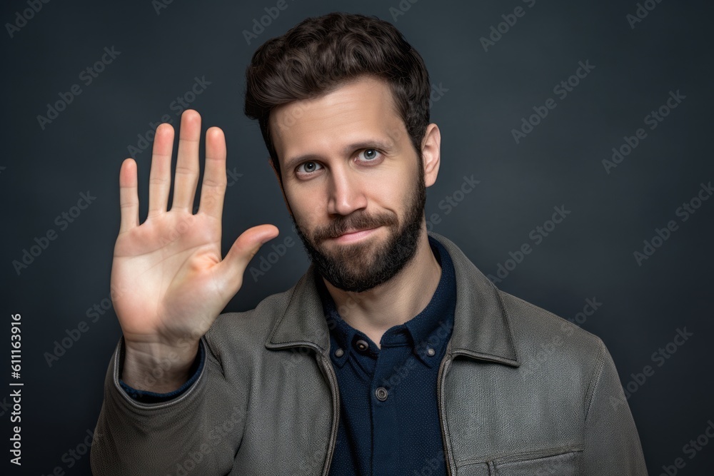 Headshot portrait photography of a satisfied boy in his 30s making a no or stop gesture with the extended palm against a metallic silver background. With generative AI technology