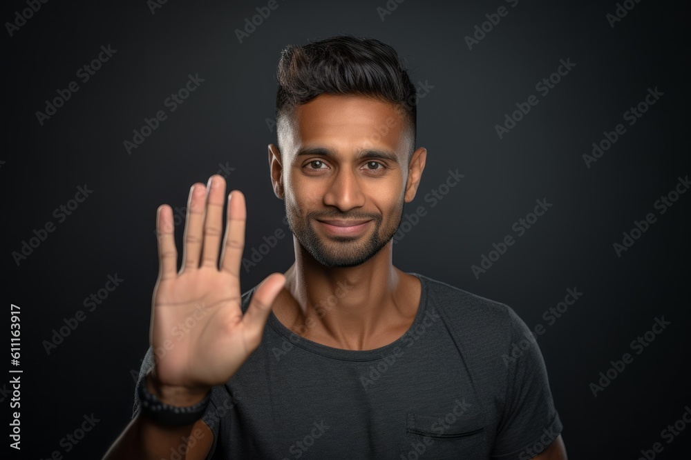 Headshot portrait photography of a satisfied boy in his 30s making a no or stop gesture with the extended palm against a metallic silver background. With generative AI technology