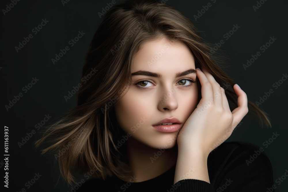 Obraz premium Headshot portrait photography of a satisfied girl in her 20s making a i'm listening gesture with the hand on the ear against a metallic silver background. With generative AI technology