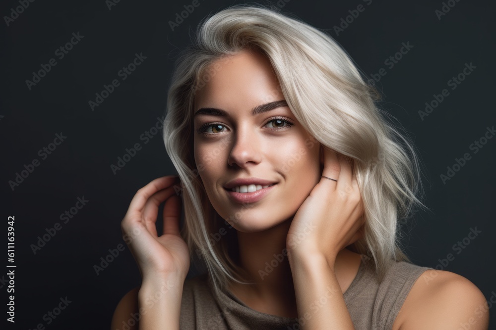 Headshot portrait photography of a satisfied girl in her 20s making a i'm listening gesture with the hand on the ear against a metallic silver background. With generative AI technology Headshot portrait photography of a satisfied girl in her 20s making a i'm listening gesture with the hand on the ear against a metallic silver background. With generative AI technology