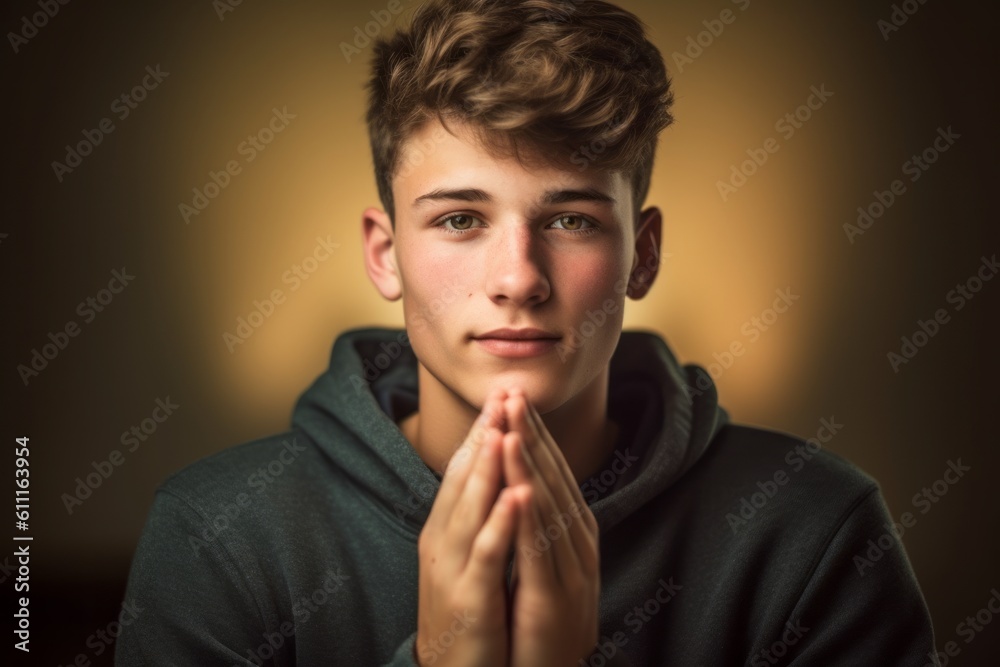 Medium shot portrait photography of a satisfied boy in his 20s putting hands together as if praying against a sandy beige background. With generative AI technology Medium shot portrait photography of a satisfied boy in his 20s putting hands together as if praying against a sandy beige background. With generative AI technology