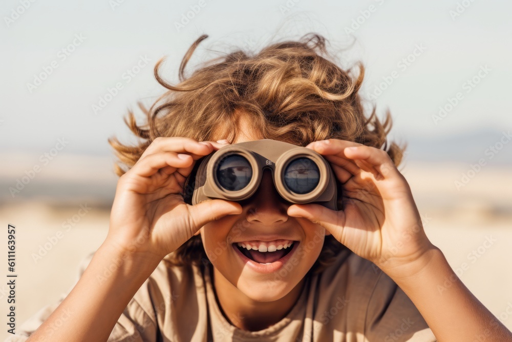 Headshot portrait photography of a joyful boy in his 20s imitating the use of binoculars with the hands against a sandy beige background. With generative AI technology Headshot portrait photography of a joyful boy in his 20s imitating the use of binoculars with the hands against a sandy beige background. With generative AI technology