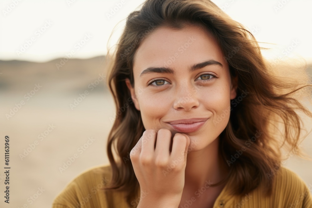 Close-up portrait photography of a joyful girl in her 20s making a silence gesture by putting the index finger on the lips against a sandy beige background. With generative AI technology
