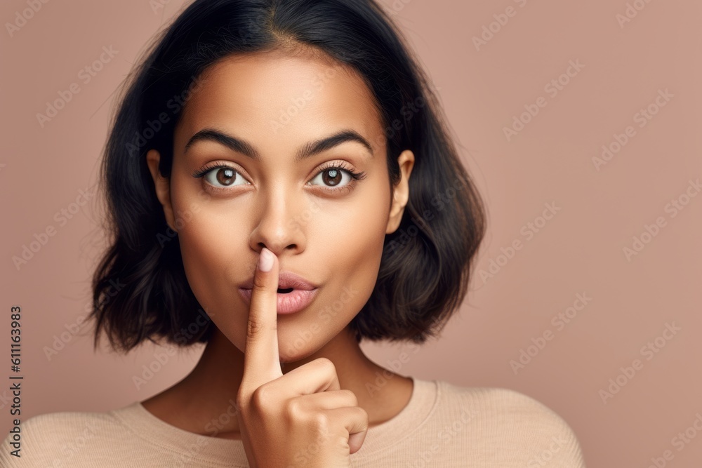 Close-up portrait photography of a happy girl in her 30s making a shhh gesture with a finger on the lips against a warm taupe background. With generative AI technology Close-up portrait photography of a happy girl in her 30s making a shhh gesture with a finger on the lips against a warm taupe background. With generative AI technology