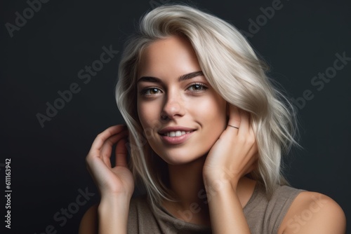 Headshot portrait photography of a satisfied girl in her 20s making a i m listening gesture with the hand on the ear against a metallic silver background. With generative AI technology