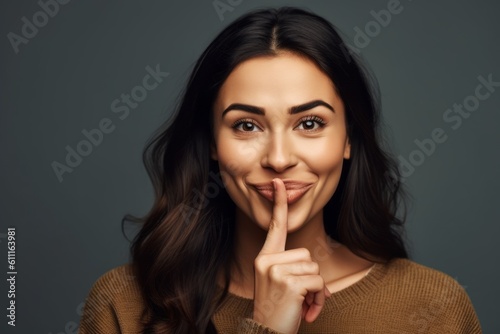 Close-up portrait photography of a happy girl in her 30s making a shhh gesture with a finger on the lips against a warm taupe background. With generative AI technology