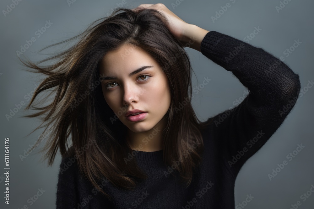 Medium shot portrait photography of a glad girl in her 20s scratching one's head in a gesture of confusion against a cool gray background. With generative AI technology Medium shot portrait photography of a glad girl in her 20s scratching one's head in a gesture of confusion against a cool gray background. With generative AI technology