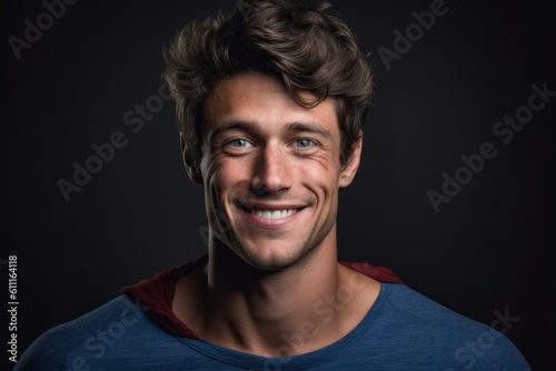 Close-up portrait photography of a grinning boy in his 30s posing like a superhero against a cool gray background. With generative AI technology