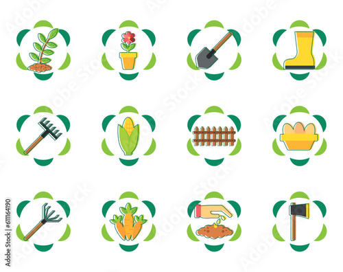 set of agriculture vector icons with green border