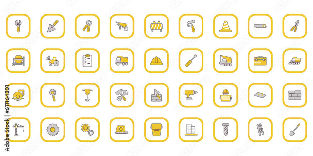 set of construction tools vector icons on white background with yellow lines set of construction tools vector icons on white background with yellow lines
