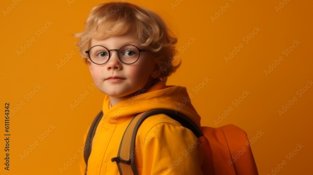 Back to school. Smiling handsome schoolboy with backpack isolated on yellow background with copy space. Created with Generative AI technology.