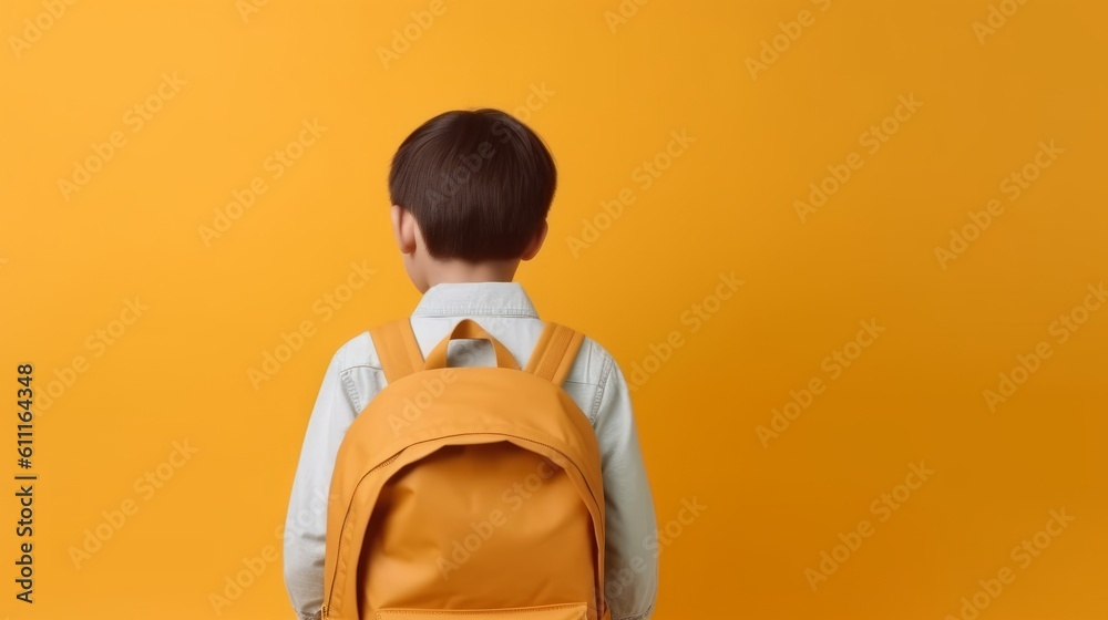 Back to school. Smiling handsome schoolboy with backpack isolated on yellow background with copy space. Created with Generative AI technology. Back to school. Smiling handsome schoolboy with backpack isolated on yellow background with copy space. Created with Generative AI technology.