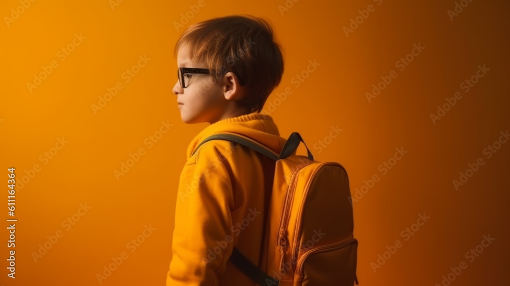 Back to school. Smiling handsome schoolboy with backpack isolated on yellow background with copy space. Created with Generative AI technology. Back to school. Smiling handsome schoolboy with backpack isolated on yellow background with copy space. Created with Generative AI technology.
