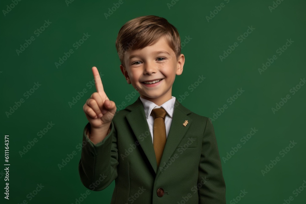 Medium shot portrait photography of a grinning kid male making a money gesture rubbing the fingers against a pistachio green background. With generative AI technology