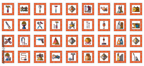 construction icon set with orange border and white background