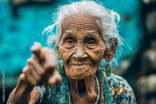 Medium shot portrait photography of a glad old woman making a rock on or rock horns gesture with the hand against a tropical teal background. With generative AI technology