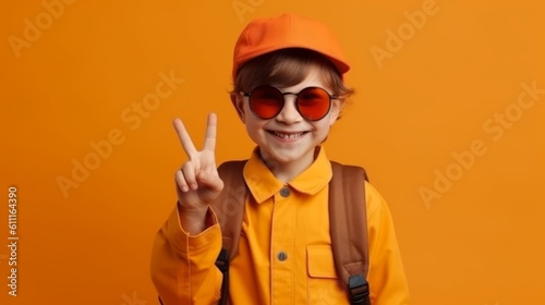Back to school. Smiling handsome schoolboy with backpack isolated on yellow background with copy space. Created with Generative AI technology.
