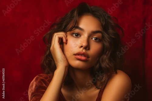 Photography in the style of pensive portraiture of a joyful girl in her 20s putting the hand on the chin as if thinking against a ruby red background. With generative AI technology