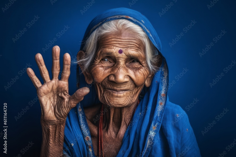 Medium shot portrait photography of a tender old woman making a peace and love gesture with the fingers against a sapphire blue background. With generative AI technology Medium shot portrait photography of a tender old woman making a peace and love gesture with the fingers against a sapphire blue background. With generative AI technology