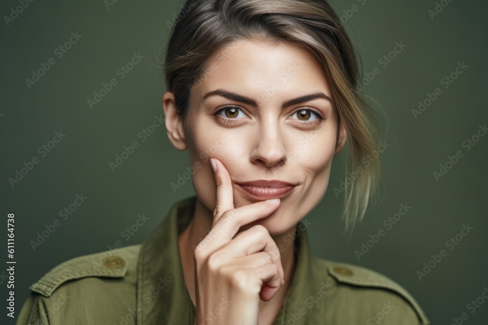 Close-up portrait photography of a grinning girl in her 30s making a silence gesture by putting the index finger on the lips against a olive green background. With generative AI technology Close-up portrait photography of a grinning girl in her 30s making a silence gesture by putting the index finger on the lips against a olive green background. With generative AI technology
