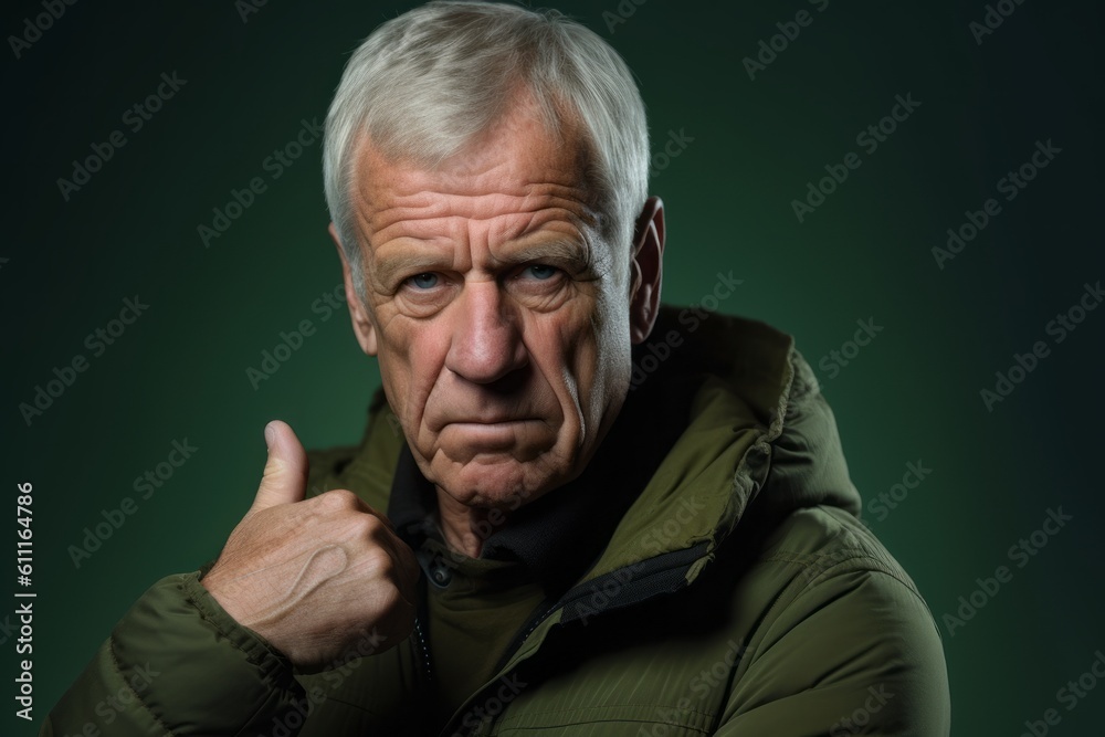 Close-up portrait photography of a satisfied mature man showing a thumb down against a olive green background. With generative AI technology